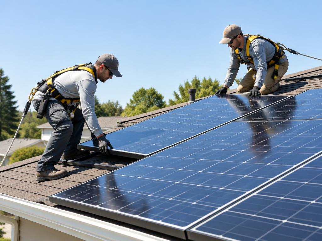 Technicians installing solar panels on a residential roof